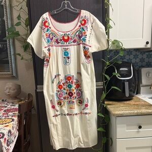 Cream Mexican Embroidered Midi Dress with Multicolor Floral Motif